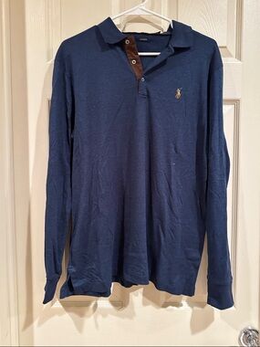 Ralph Lauren Long Sleeve Polo in Navy with Brown Placket